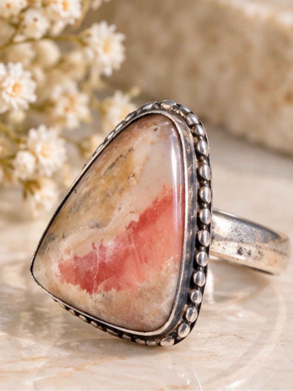 925Sterling Silver plated Pink Ocean Jasper Triangle Ring
